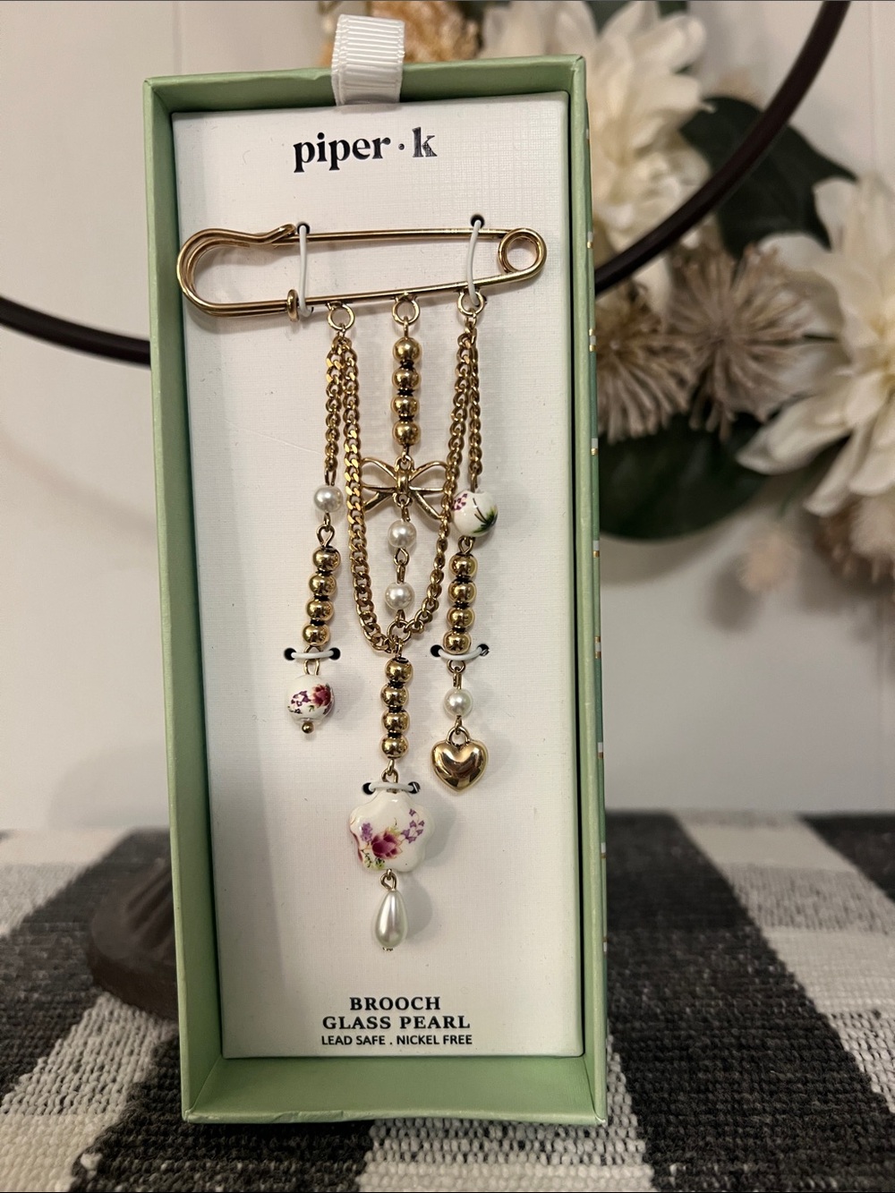 Piper Gold Floral Pearl Charm Brooch with White and Pink Accents